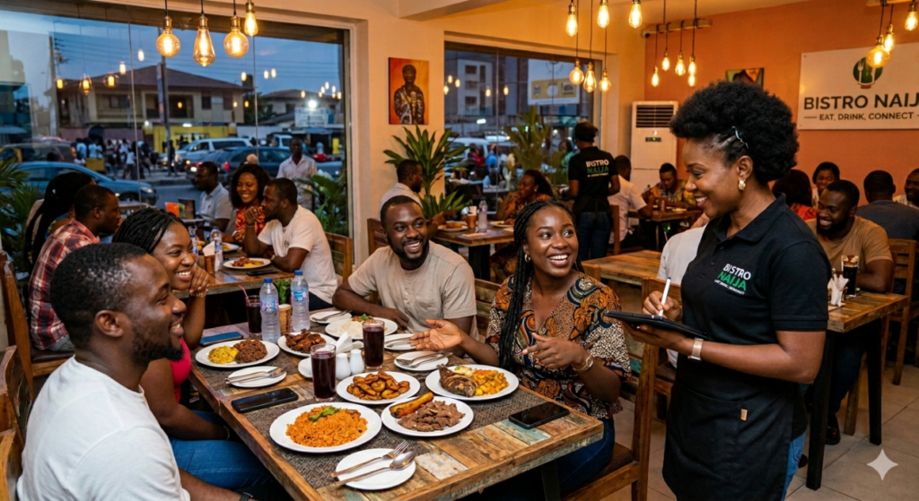 Positive customer interactive with waiter in a restaurant
